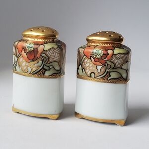 Vintage Handpainted Floral Salt & Pepper Shakers with Gold Trim Cork Stoppers